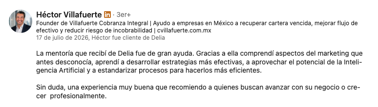 Recomendación real de una participante en LinkedIn